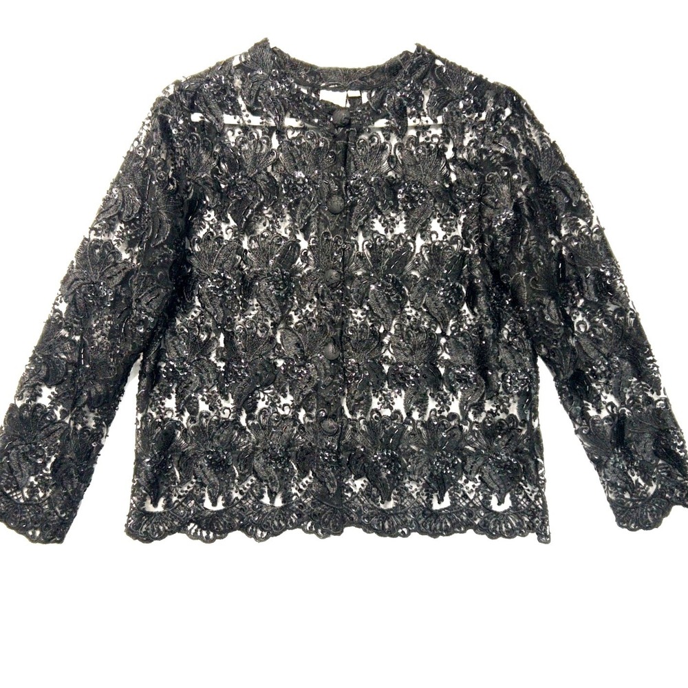 Valerio Sheer Beaded Bolero Jacket Lace Overlay Sequins Womens‎ 12 L RP $180 Vtg
